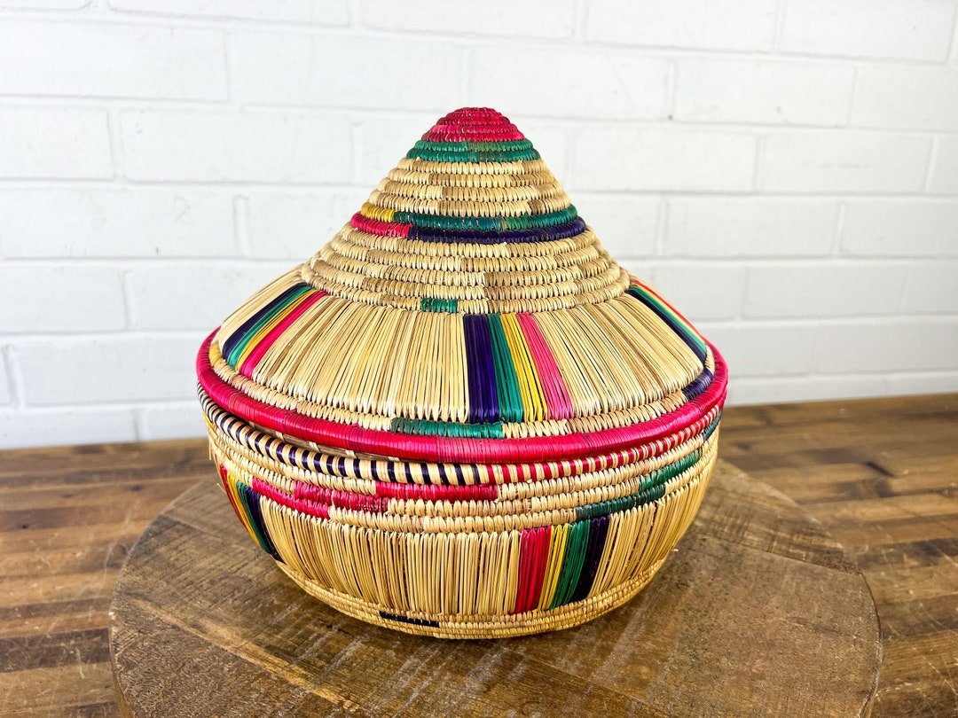 Vintage Colorful African Basket With Lid Hand Woven Ethiopian Native
