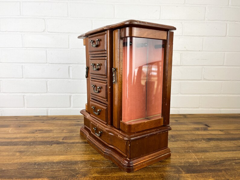 Vintage Wood Jewelry Box With Glass Doors 5 Drawers Necklace Etsy