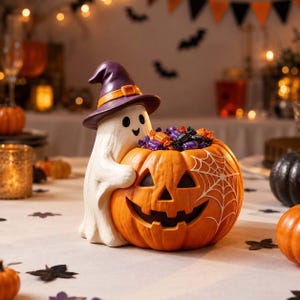Maceta de calabaza fantasma de Halloween, portalápices de calabaza de Halloween, linda decoración espeluznante para escritorio, maceta para suculentas, decoración otoñal para el hogar