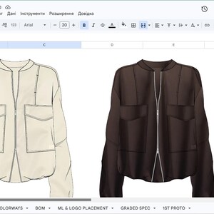 Può includere: Due giacche bomber mostrate in formato di schizzo tecnico, una color crema e una marrone scuro. Ogni giacca presenta una cerniera centrale, uno scollo rotondo, maniche lunghe e due grandi tasche rettangolari sul petto con patte e cuciture visibili.