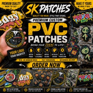 May include: A promotional graphic for SK Patches featuring custom PVC patches. The image displays various designs including an F-15 Eagle patch, Voodoo EDC characters, and game-themed patches, alongside text detailing premium quality and custom services.