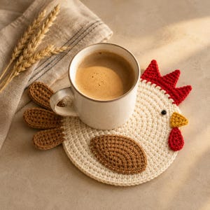 May include: A round, cream-colored crochet coaster shaped like a chicken with a brown wing, a red comb, a yellow beak, and a red wattle. A white ceramic mug filled with brown coffee sits on top of the coaster, which features a small black eye.