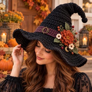 May include: A black crocheted witch hat featuring a wide brim and a pointed top. The hat is adorned with a dark purple band, a metallic oval buckle, and a cluster of crocheted orange flowers, green leaves, and a small gold crescent moon charm.