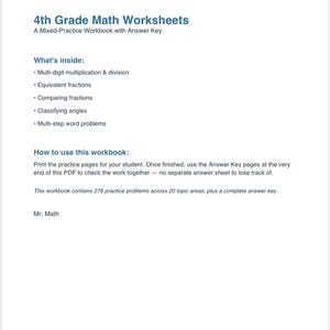 May include: A 4th Grade Math Worksheets workbook with an answer key. The document lists topics including multi-digit multiplication and division, equivalent fractions, comparing fractions, classifying angles, and multi-step word problems.
