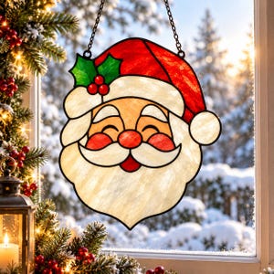 Jultomten målat glasmönster SVG & PDF, julsolfångare mall, julfönsterdekor