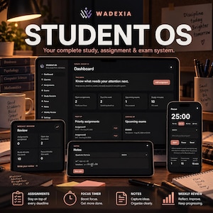 Puede incluir: Una interfaz de panel digital titulada Student OS mostrada en una computadora portátil, tableta y teléfono inteligente. El software de tema oscuro incluye secciones para cursos, tareas, exámenes y sesiones de estudio con texto como Dashboard y Focus.