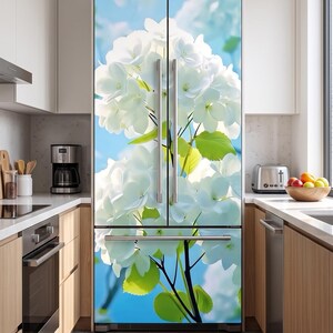White Hydrangea Fridge Wrap, Floral Refrigerator Decal, Double Door Fridge Cover, Kitchen Decor Vinyl Sticker, Custom Appliance Skin