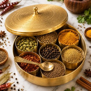 Puede incluir: Una caja de especias redonda de latón con una tapa ornamentada, que contiene siete pequeños recipientes extraíbles llenos de diversas especias, incluyendo cardamomo, granos de pimienta y cúrcuma. Una pequeña cuchara de latón descansa dentro.