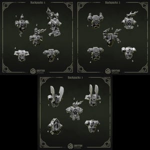 Peut inclure: Une collection de quinze sacs à dos miniatures en résine grise pour figurines de jeux de plateau, organisés en trois ensembles numérotés Backpacks 1, Backpacks 2 et Backpacks 3. Chaque pièce présente des détails mécaniques, des évents et des échappements.