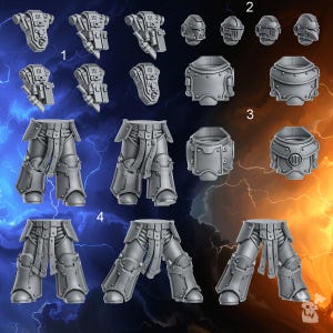 Può includere: Una collezione di parti di miniature in plastica grigia non dipinte, tra cui sei zaini, quattro elmi, quattro torsi e cinque paia di gambe corazzate. I componenti presentano dettagli meccanici, rivetti e piastre, organizzati con etichette numerate da 1 a 4.