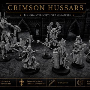 Peut inclure: Un ensemble de 14 figurines multi-pièces non peintes intitulées Crimson Hussars. Les personnages incluent divers soldats en uniformes détaillés, certains avec de grands boucliers, des lances et des coiffes ornées, sur des socles ronds. Texte : Crimson Hussars.