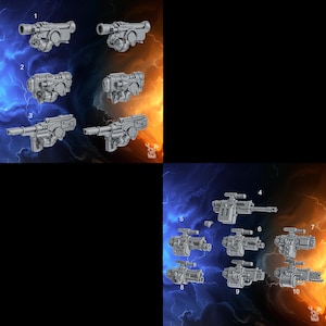Puede incluir: Una colección de diez componentes de armas en miniatura de plástico gris para juegos de mesa, numerados del uno al diez. Las piezas incluyen varios diseños de armas de fuego con cañones, miras y detalles mecánicos sobre un fondo azul y naranja.
