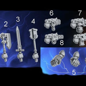Può includere: Una collezione di dieci componenti in miniatura in plastica grigia raffiguranti armi e mani, etichettati con i numeri da uno a dieci. Il set include varie armi da mischia, armi da fuoco e tre pugni corazzati, tutti con dettagli meccanici.