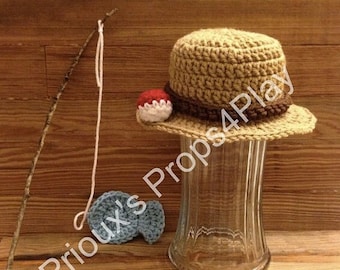 Crochet Pattern for Fisherman Bucket Hat Includes Fish and Bobble for Newborn Photography Prop Set or Fisherman Costume