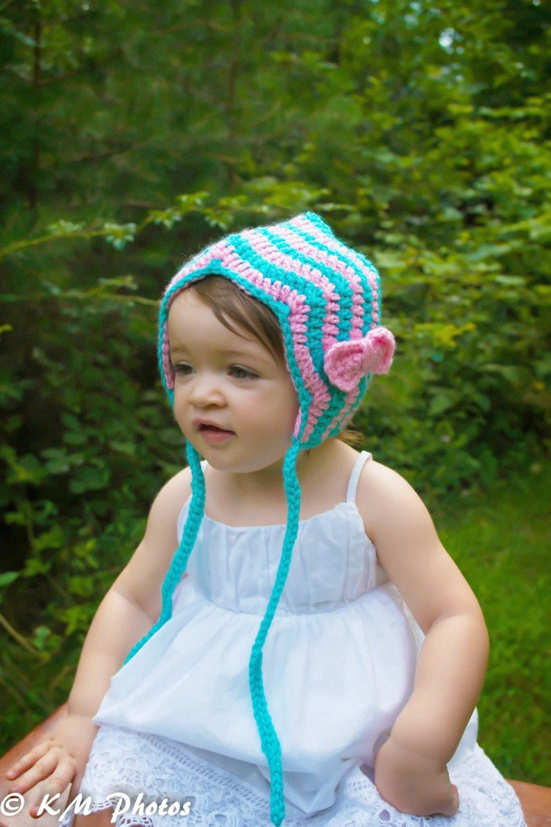 Chevron Bonnet, Turquoise and Pink, Chevron Hat, Baby Hat, Crochet Hat, Crochet Bonnet, Baby Shower Gift, Photo Prop with Turquoise and Pink image 1