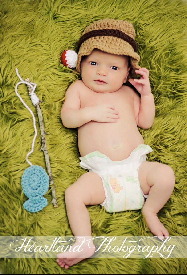 Crochet Pattern for Fisherman Bucket Hat Includes Fish and Bobble for Newborn Photography Prop Set or Fisherman Costume image 2