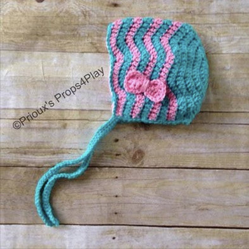 Chevron Bonnet, Turquoise and Pink, Chevron Hat, Baby Hat, Crochet Hat, Crochet Bonnet, Baby Shower Gift, Photo Prop with Turquoise and Pink image 2