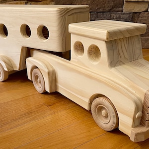 Handmade Wooden Pickup Truck and Horse Trailer Toy