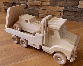 Large Handmade wooden flatbed tow truck with car