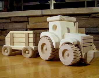Large Handmade  Wooden Farm Tractor and Wagon Toy