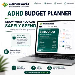 May include: A laptop displaying the ClearlineWorks ADHD Budget Planner interface, featuring a dark green dashboard with a safe-to-spend calculation of $8100.00, income, spent, unpaid bills, buffer, and sinking funds sections with text overlays.