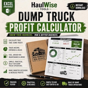 May include: A digital dump truck profit calculator spreadsheet tool featuring a spiral-bound notebook with a truck graphic, a black pen, and a printed financial summary sheet displaying load profit, expense breakdowns, and profit per mile data.