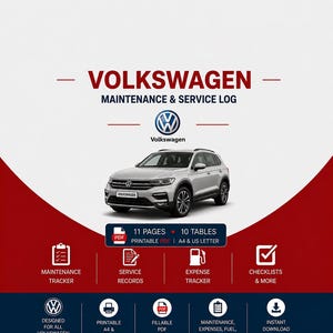 Pode incluir: Um documento digital de registo de manutenção e serviço Volkswagen com um SUV prateado, o logótipo da Volkswagen e texto incluindo 11 páginas, 10 tabelas, rastreador de manutenção, registos de serviço, rastreador de despesas e formato A4.