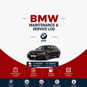 Puede incluir: Un documento digital de registro de mantenimiento y servicio BMW con un sedán negro, el logotipo de BMW y texto que incluye 11 páginas, 10 tablas, rastreador de mantenimiento, registros de servicio, rastreador de gastos y listas de verificación.