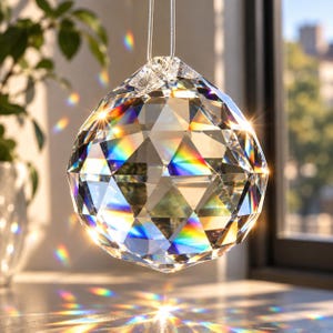 May include: A clear, multi-faceted crystal sphere hanging from a silver cord. The glass surface features numerous triangular cuts that refract sunlight, creating vibrant rainbow light patterns and starburst reflections across the object.