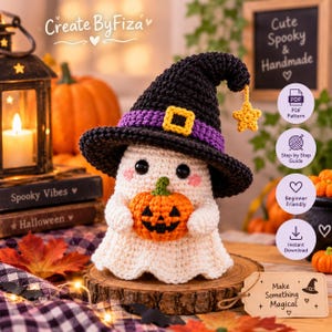 May include: A white crocheted ghost figure wearing a black pointed hat with a purple band, a yellow buckle, and a dangling yellow star. The ghost holds a small orange crocheted pumpkin with a black jack-o'-lantern face and has pink cheeks.