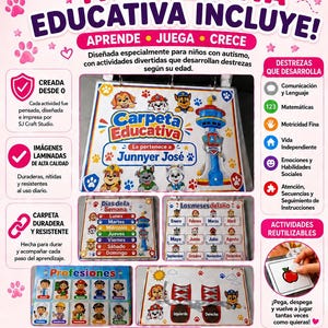 May include: An educational binder set by SJ Craft Studio featuring Paw Patrol themes, including laminated activity sheets for days of the week, months, professions, and shoe tying, plus ten markers, a pencil case, an eraser, and two pencils.