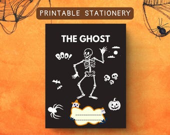 May include: A black rectangular printable stationery sheet featuring the white text THE GHOST at the top. The design includes a central dancing skeleton, the word BOO, three small skulls, two bats, a spider, a jack-o'-lantern, and a blank label.