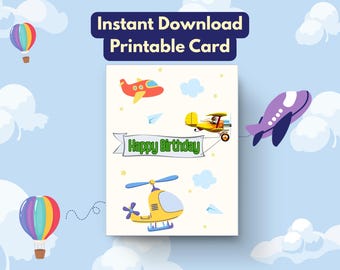 May include: A printable birthday card featuring a red aeroplane, a yellow biplane pulling a banner that reads Happy Birthday, and a yellow helicopter. The design includes small paper aeroplanes and stars on a white background with a blue sky border.