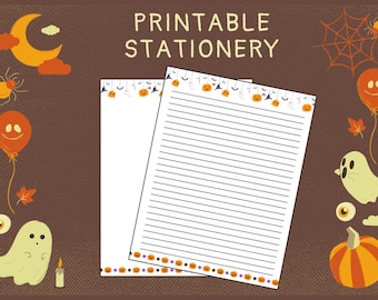 May include: Two sheets of white lined stationery featuring a Halloween-themed border with small pumpkins, ghosts, and stars. The text PRINTABLE STATIONERY is displayed at the top. The background is brown with illustrations of a crescent moon, spiders, balloons, ghosts, and pumpkins.