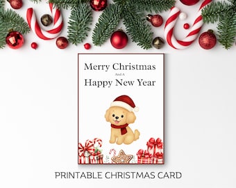 May include: A rectangular greeting card featuring the text Merry Christmas And A Happy New Year, a light brown puppy wearing a red Santa hat and scarf, and illustrations of wrapped gifts and a gingerbread cookie at the bottom edge.