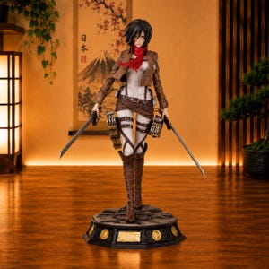 May include: A detailed anime-style figurine of a character with short black hair, wearing a brown cropped jacket, white shirt, and dark brown skirt with straps. The figure has a red scarf, tall brown boots, and holds two silver swords in hand.