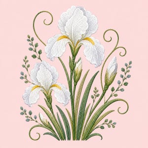 May include: An embroidery design featuring two large white iris flowers with yellow centers, two closed buds, and green stems with leaves. The composition includes delicate green swirling tendrils and small leafy sprigs on a solid light pink background.