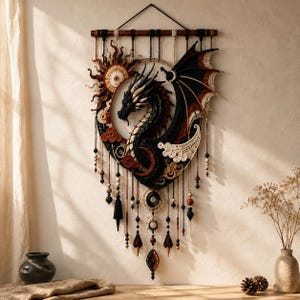 May include: A wall hanging featuring a detailed black and dark red dragon design crafted with intricate fiber art techniques. The dragon is encircled by a sun motif and decorative elements, suspended from a wooden rod with hanging beads and tassels.