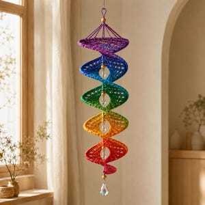 May include: A hanging spiral mobile featuring a vibrant rainbow gradient of crocheted yarn. The structure consists of interconnected, twisted circular segments in purple, blue, green, yellow, and red, accented with clear crystal beads and wooden beads.