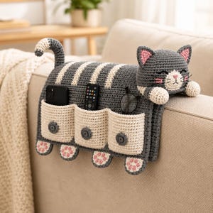Virkat kattsoffa-organisatörsmönster, Amigurumi soffcaddy PDF, nybörjarficka för armstöd DIY