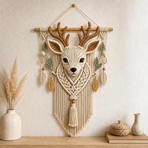May include: A macrame wall hanging featuring a three-dimensional deer head crafted from cream-colored cord. The deer has brown antlers, dark eyes, and a black nose. It is suspended from a wooden dowel with decorative leaf accents and fringe.