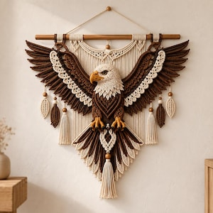May include: A macrame wall hanging featuring a detailed eagle with outstretched wings, crafted from cream and brown cord. The eagle has a yellow beak and talons, suspended from a wooden dowel with decorative tassels and leaf-shaped accents.