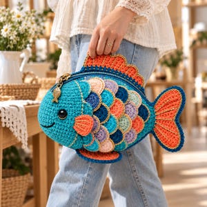 Può includere: Una borsa all'uncinetto a forma di pesce con corpo color ottanio, squame sovrapposte nei toni dell'arancione, blu, viola e verde chiaro, e un ciondolo a forma di pesce dorato sulla cerniera. La borsa presenta una pinna dorsale e caudale arancione.