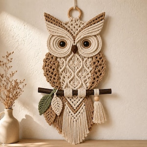 May include: A macrame wall hanging shaped like an owl, crafted from cream and brown cord. The owl features large dark eyes, intricate knotted patterns, and sits on a dark wooden branch. Three small crocheted leaves and a tassel hang from the branch.