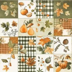 Könnte beinhalten: Ein quadratischer Stoff mit einem Raster aus sechzehn verschiedenen Blöcken mit herbstlichen Illustrationen. Das Muster zeigt orangefarbene Kürbisse, Birnen, Äpfel, Pilze, Eicheln und verschiedene Herbstblätter in Grün-, Braun- und Goldtönen.