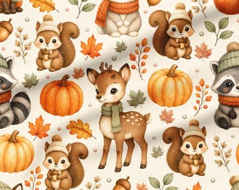 May include: A fabric pattern featuring illustrations of woodland animals including squirrels, a deer, a raccoon, and a rabbit, interspersed with orange pumpkins, acorns, and colorful autumn leaves on a light cream background.