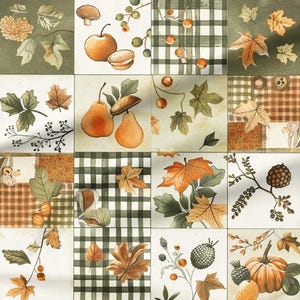 Puede incluir: Un patrón de tela que presenta una cuadrícula de dieciséis cuadrados con ilustraciones de temática otoñal. El diseño incluye calabazas naranjas, peras, manzanas, setas, bellotas y varias hojas de otoño en tonos verdes, marrones y naranjas, intercalados con cuadrados de cuadros verdes y blancos.