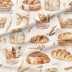 May include: A repeating pattern of watercolor illustrations featuring various baked goods including loaves of bread, baguettes in paper bags, bread rolls in woven baskets, and wheat stalks on a light cream-colored background.
