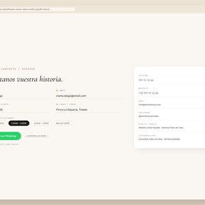 Może przedstawiać: Interfejs strony internetowej do kontaktu i rezerwacji z tekstem Cu&eacute;ntanos vuestra historia, polami na imię, e-mail, datę i lokalizację, narzędziem do wyboru budżetu, zielonym przyciskiem WhatsApp oraz paskiem bocznym z danymi.
