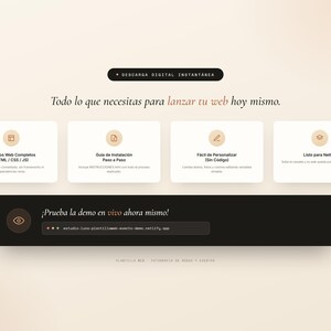 Może przedstawiać: Cyfrowa strona docelowa szablonu internetowego z czarnym nagł&oacute;wkiem z tekstem DESCARGA DIGITAL INSTANT&Aacute;NEA, czterema białymi kartami informacyjnymi z ikonami i tekstem oraz czarnym paskiem stopki z tekstem &iexcl;Prueba la demo en vivo ahora mismo!